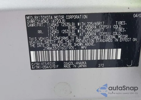 2007 Toyota Rav4 Base V6 from USA, damaged, VIN JTMBK33V276021905